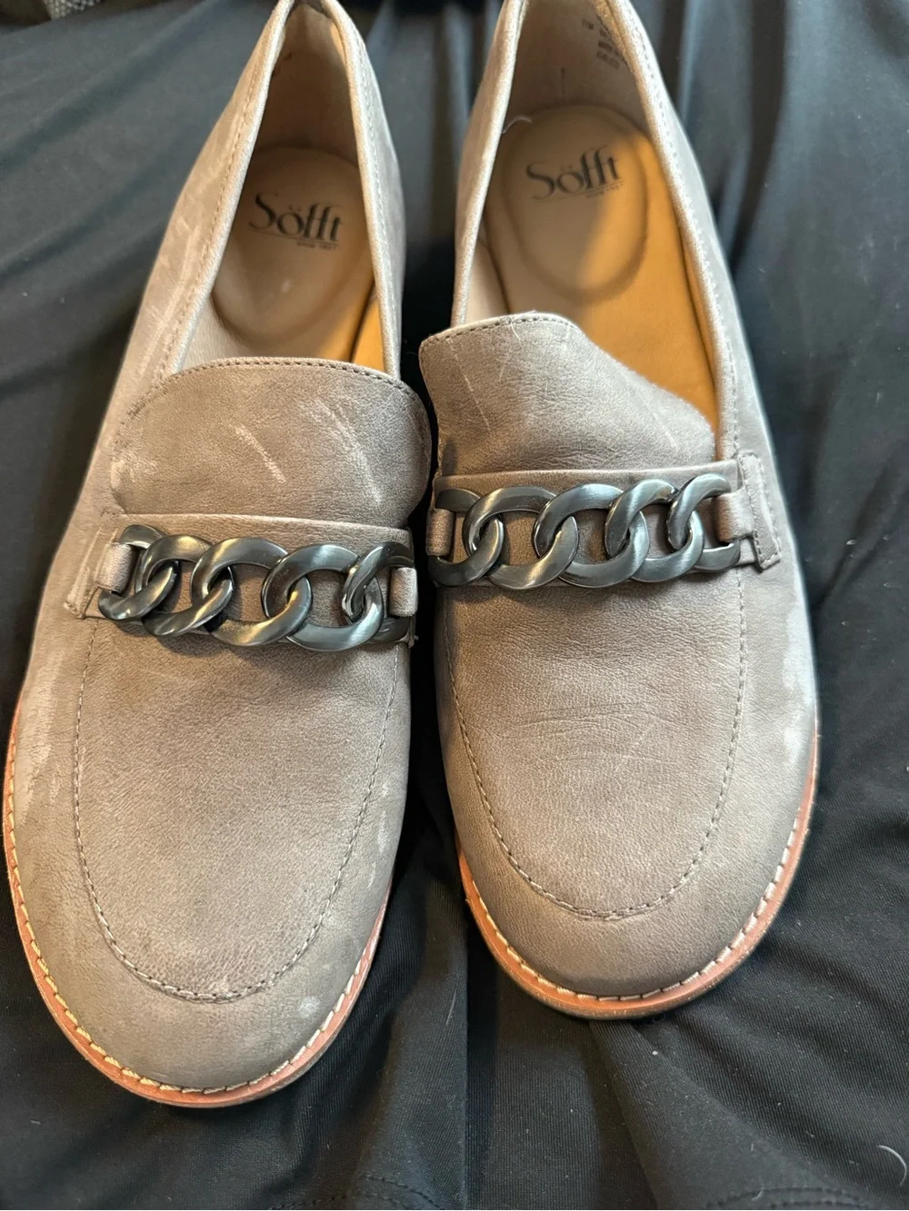 Women’s Taupe Suede Chain-Trim Loafers